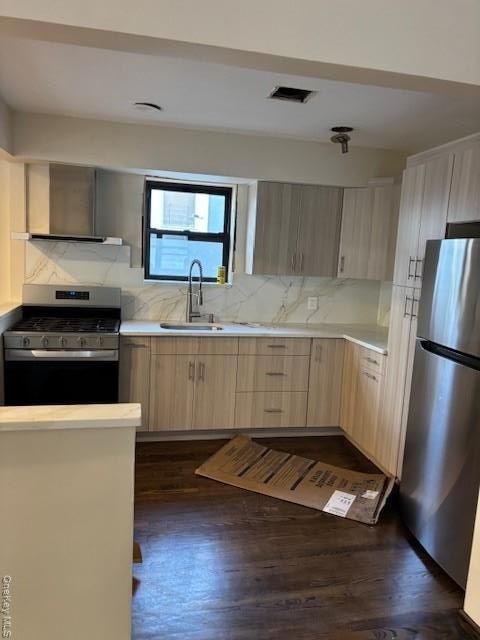 Interior, Kitchen, Marble Walls, Stainless Steel Appliances, Wood Texture Flooring
