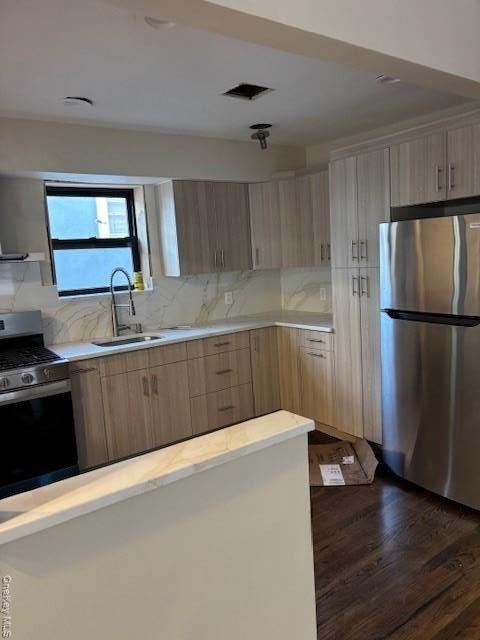 Interior, Kitchen, Marble Walls, Recessed Lighting, Stainless Steel Appliances, Wood Texture Flooring