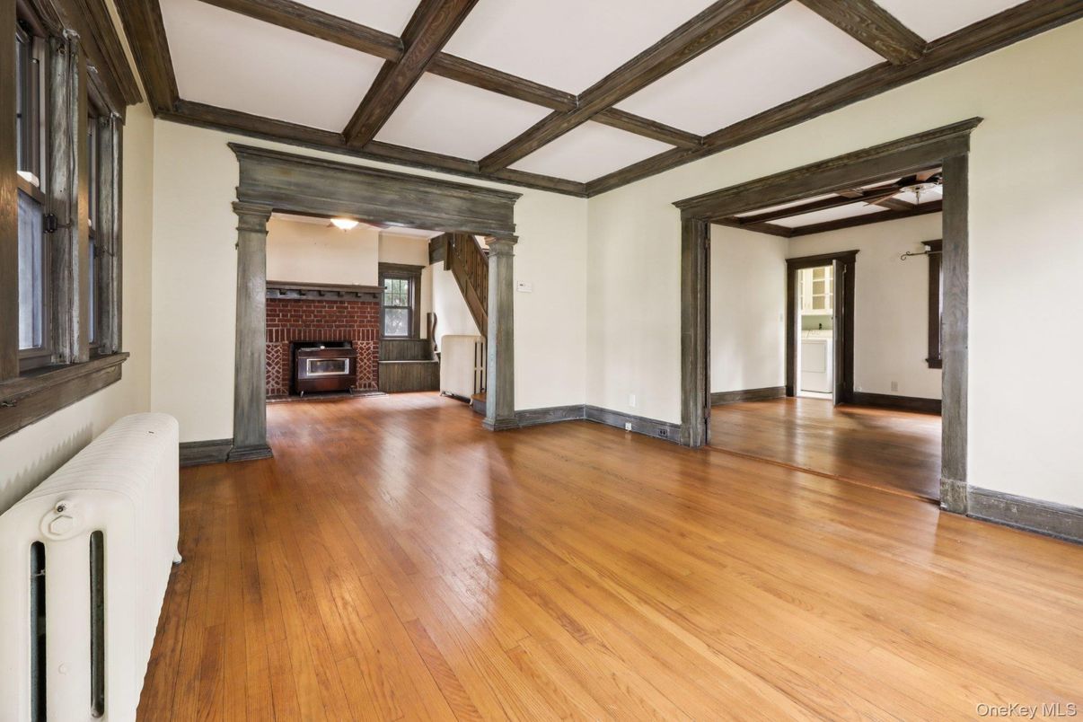 Empty room, Fireplace, Interior, Wooden Beams, Wood Texture Flooring