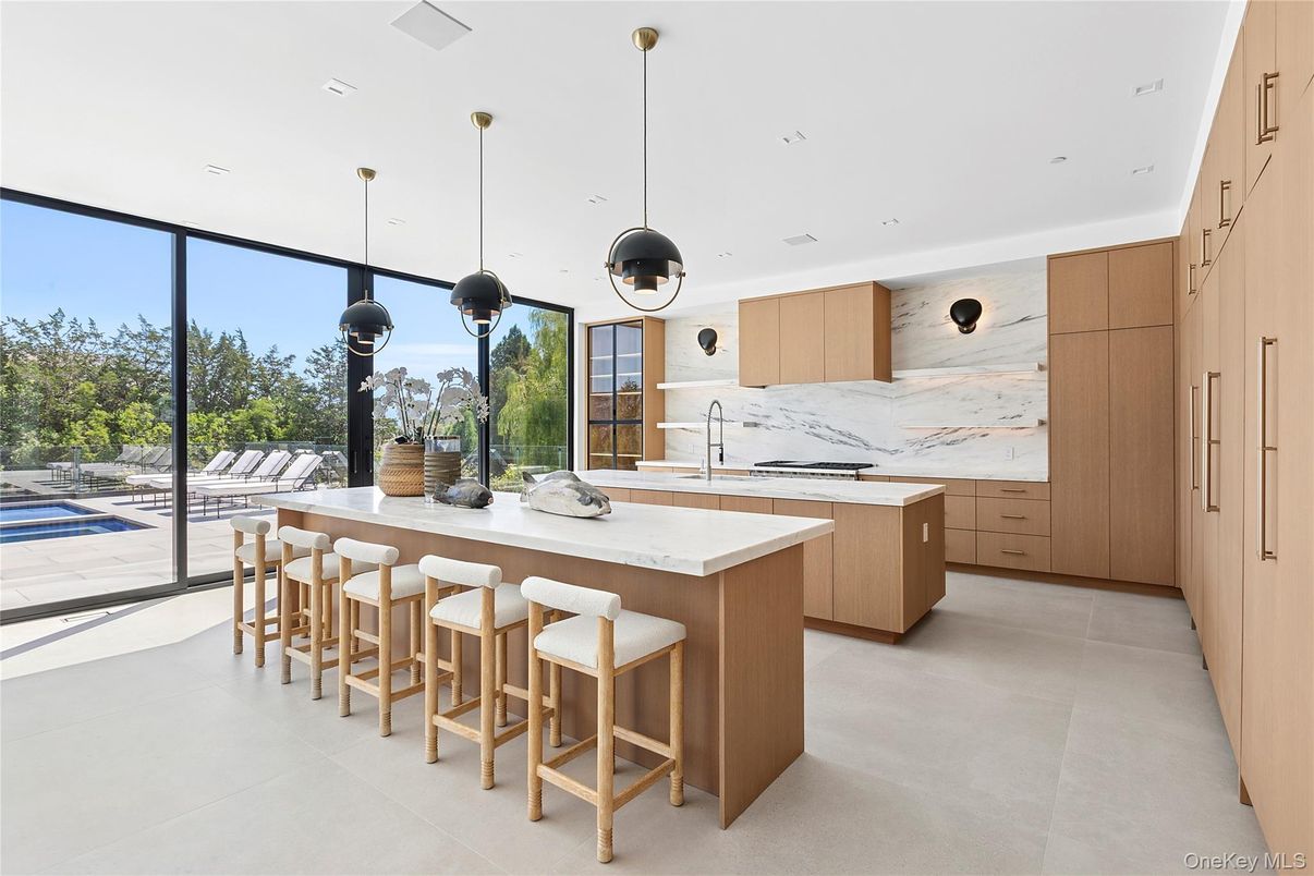 Interior, Kitchen, Marble Walls, Pendant Lights, Recessed Lighting