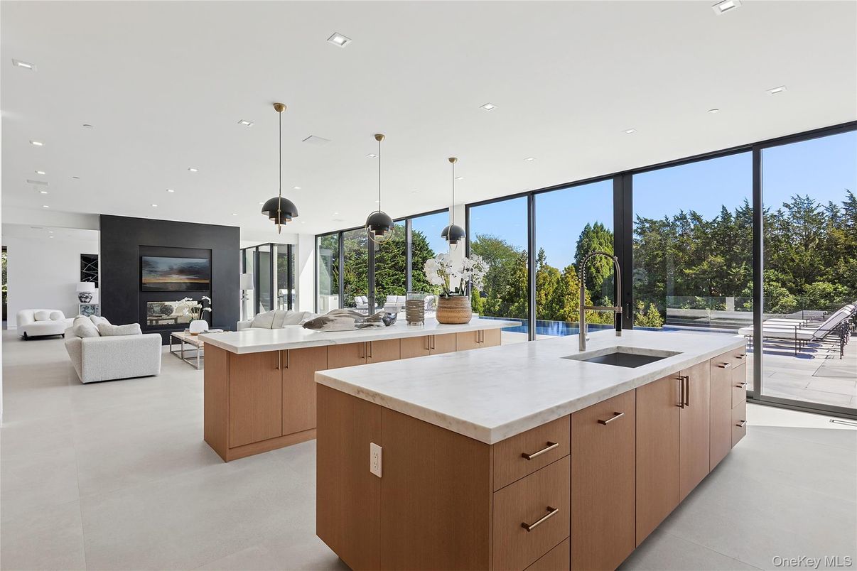 Fireplace, Interior, Kitchen, Living room, Pendant Lights, Recessed Lighting