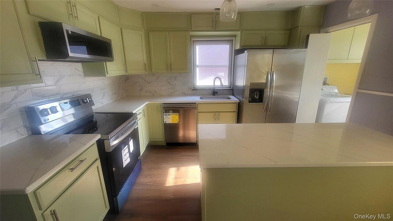 Interior, Kitchen, Marble Walls, Stainless Steel Appliances, Wood Texture Flooring