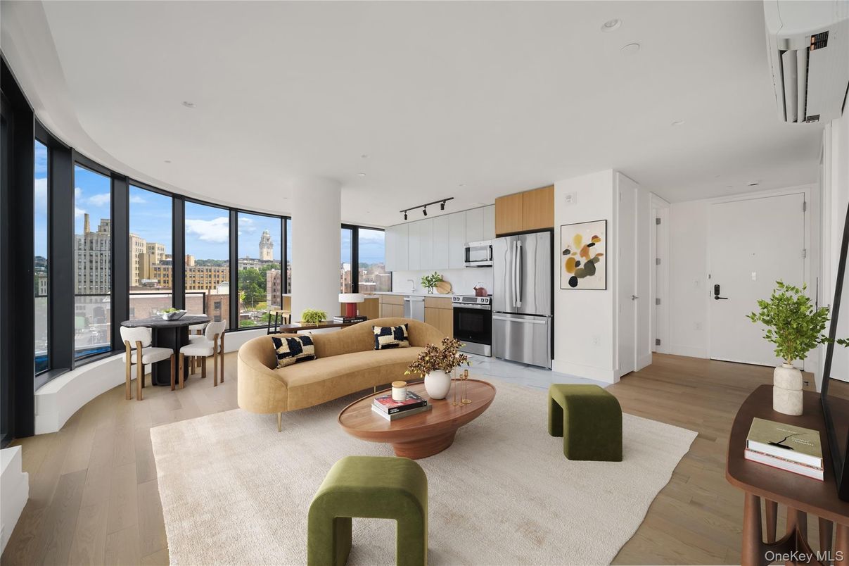 Dining room, Interior, Kitchen, Living room, Recessed Lighting, Stainless Steel Appliances, Wood Texture Flooring