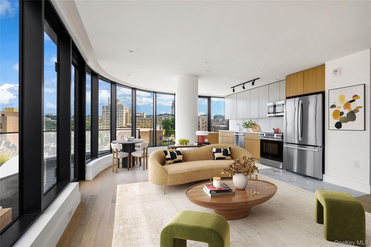 Dining room, Interior, Kitchen, Living room, Recessed Lighting, Stainless Steel Appliances, Wood Texture Flooring