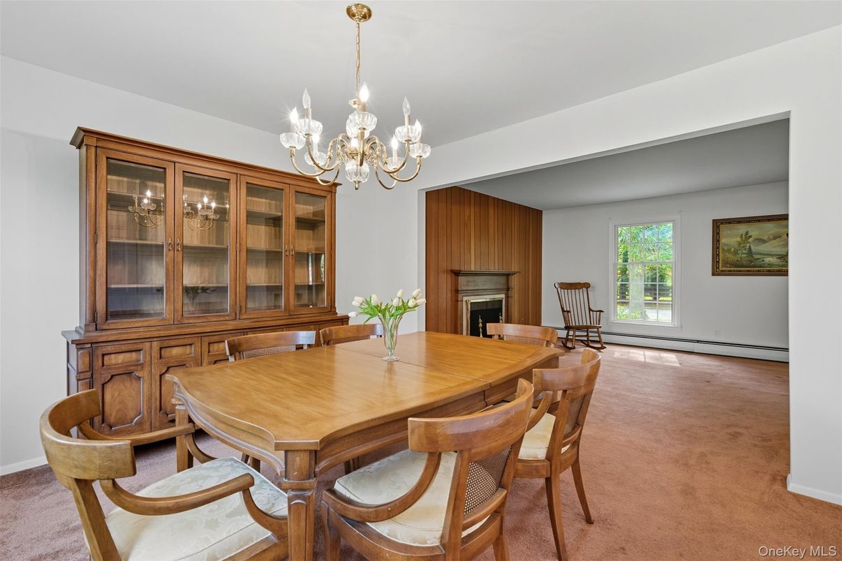 Chandelier, Dining room, Fireplace, Interior