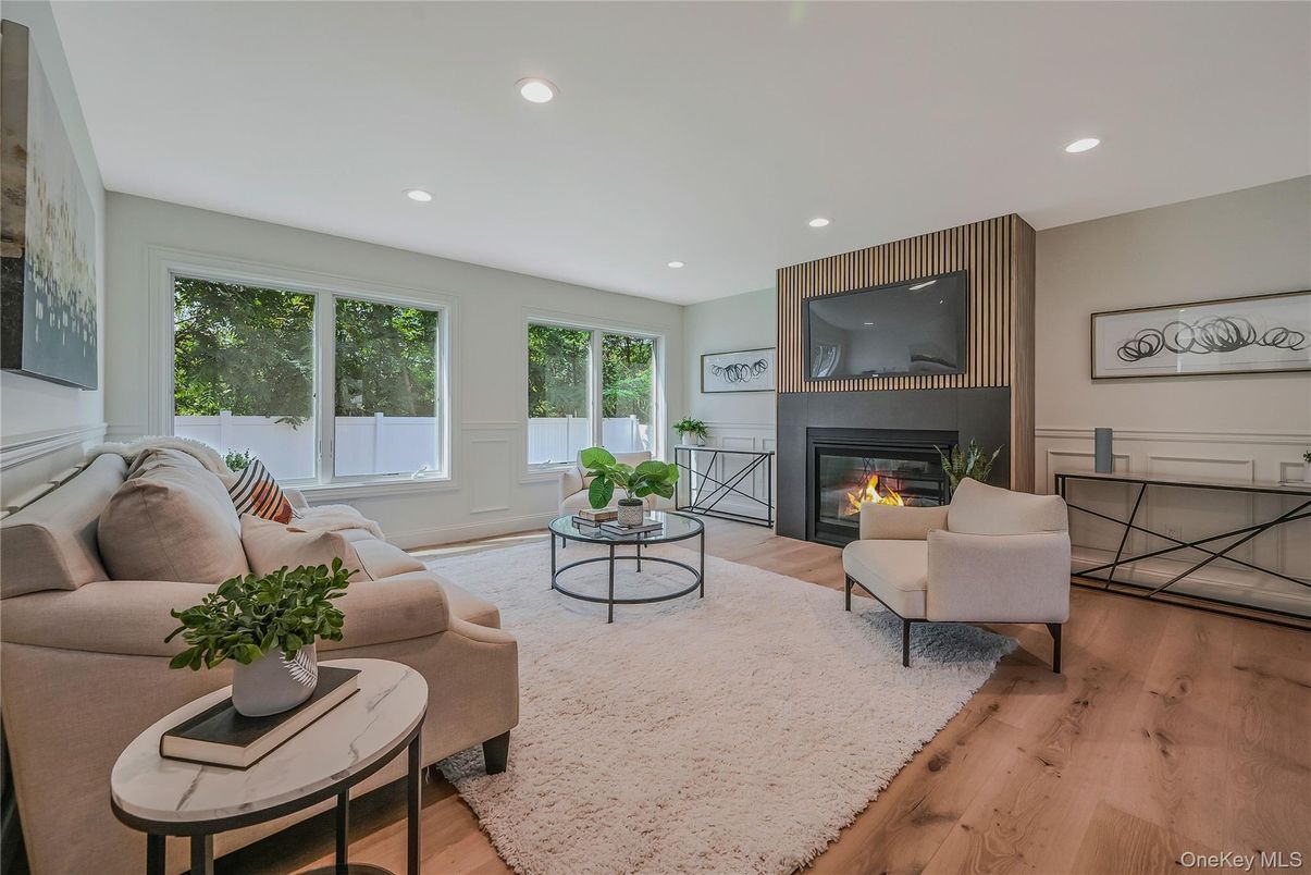 Fireplace, Interior, Living room, Recessed Lighting, Wood Texture Flooring