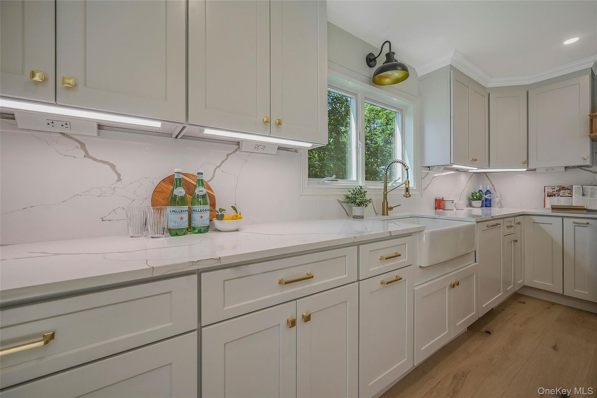 Interior, Kitchen, Marble Walls, Recessed Lighting, Wood Texture Flooring