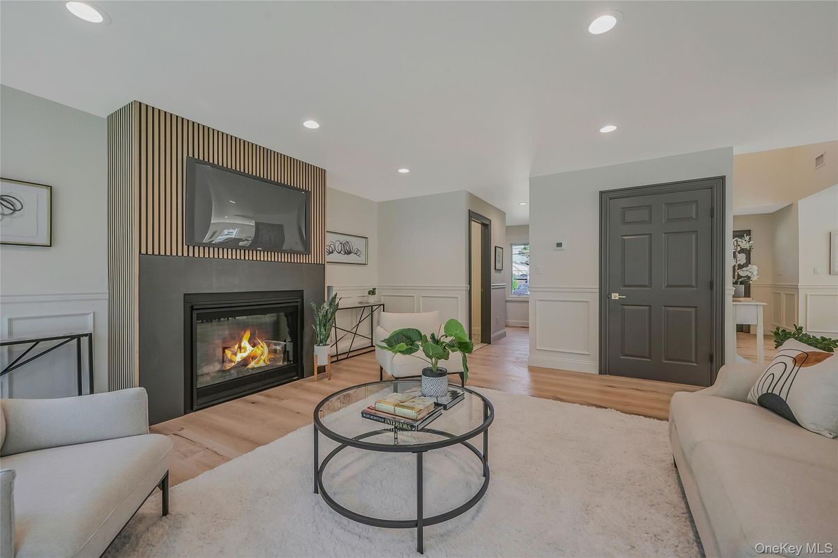 Fireplace, Interior, Living room, Recessed Lighting, Wood Texture Flooring