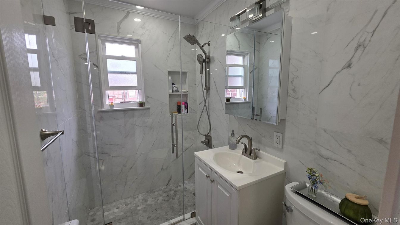 Bathroom, Glass Shower, Interior, Marble Walls, Recessed Lighting