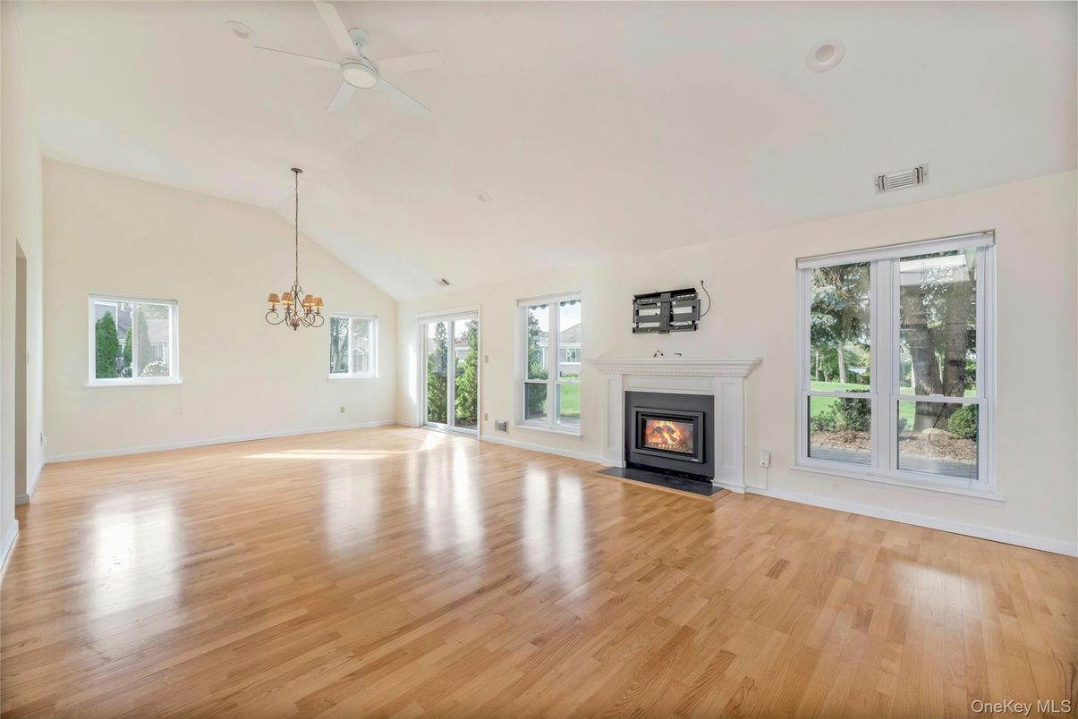 Chandelier, Empty room, Fireplace, Interior, Wood Texture Flooring