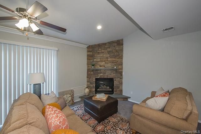 Fireplace, Interior, Living room, Recessed Lighting, Stone Walls