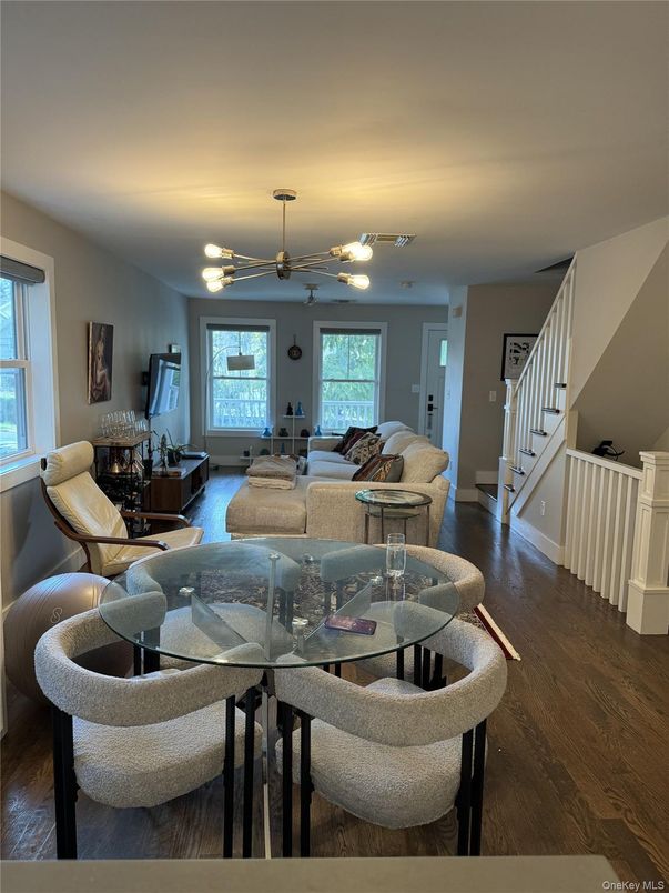 Dining room, Interior, Living room, Pendant Lights, Wood Texture Flooring