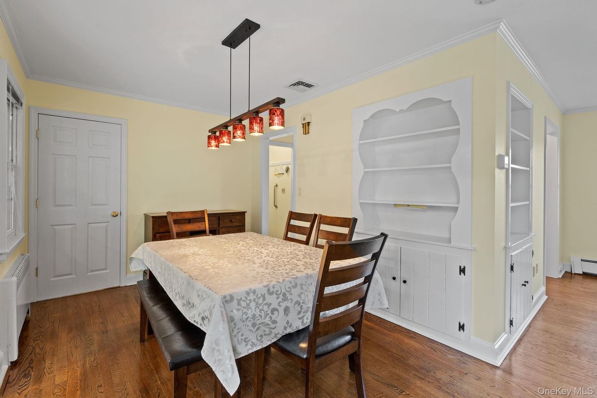 Dining room, Interior, Pendant Lights, Wood Texture Flooring