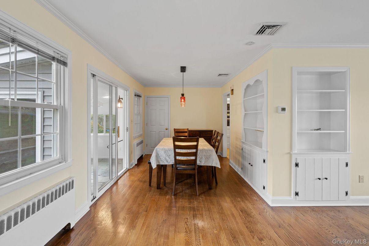 Dining room, Interior, Pendant Lights, Wood Texture Flooring
