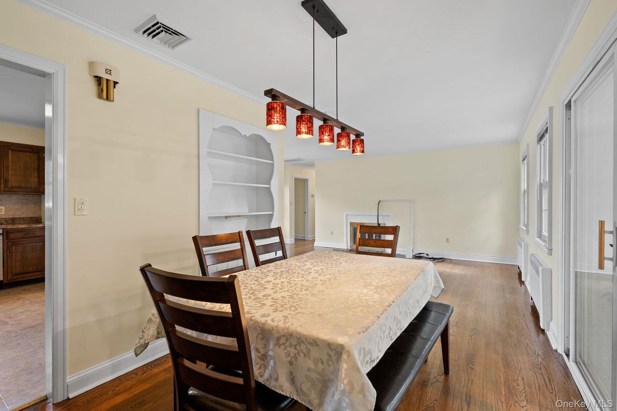 Dining room, Interior, Pendant Lights, Wood Texture Flooring