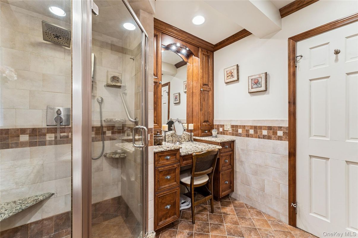 Bathroom, Glass Shower, Interior, Recessed Lighting, Stone Walls