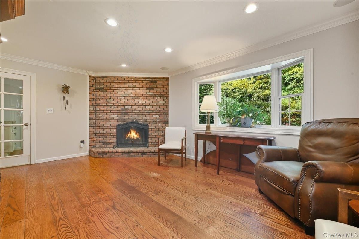 Fireplace, Home Office, Interior, Recessed Lighting, Stone Walls, Wood Texture Flooring