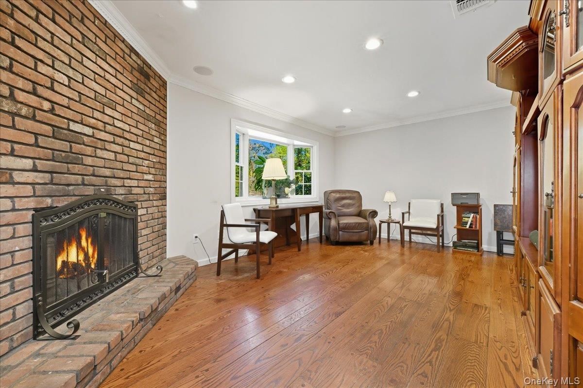 Fireplace, Home Office, Interior, Recessed Lighting, Stone Walls, Wood Texture Flooring