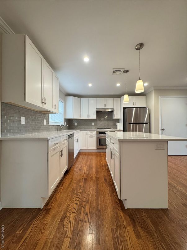 Interior, Kitchen, Pendant Lights, Recessed Lighting, Stainless Steel Appliances, Wood Texture Flooring