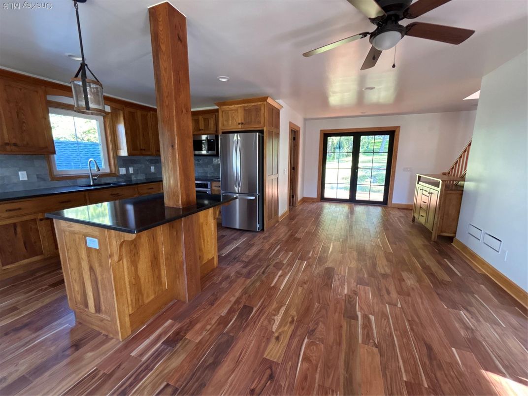 Interior, Kitchen, Pendant Lights, Stainless Steel Appliances, Wood Texture Flooring