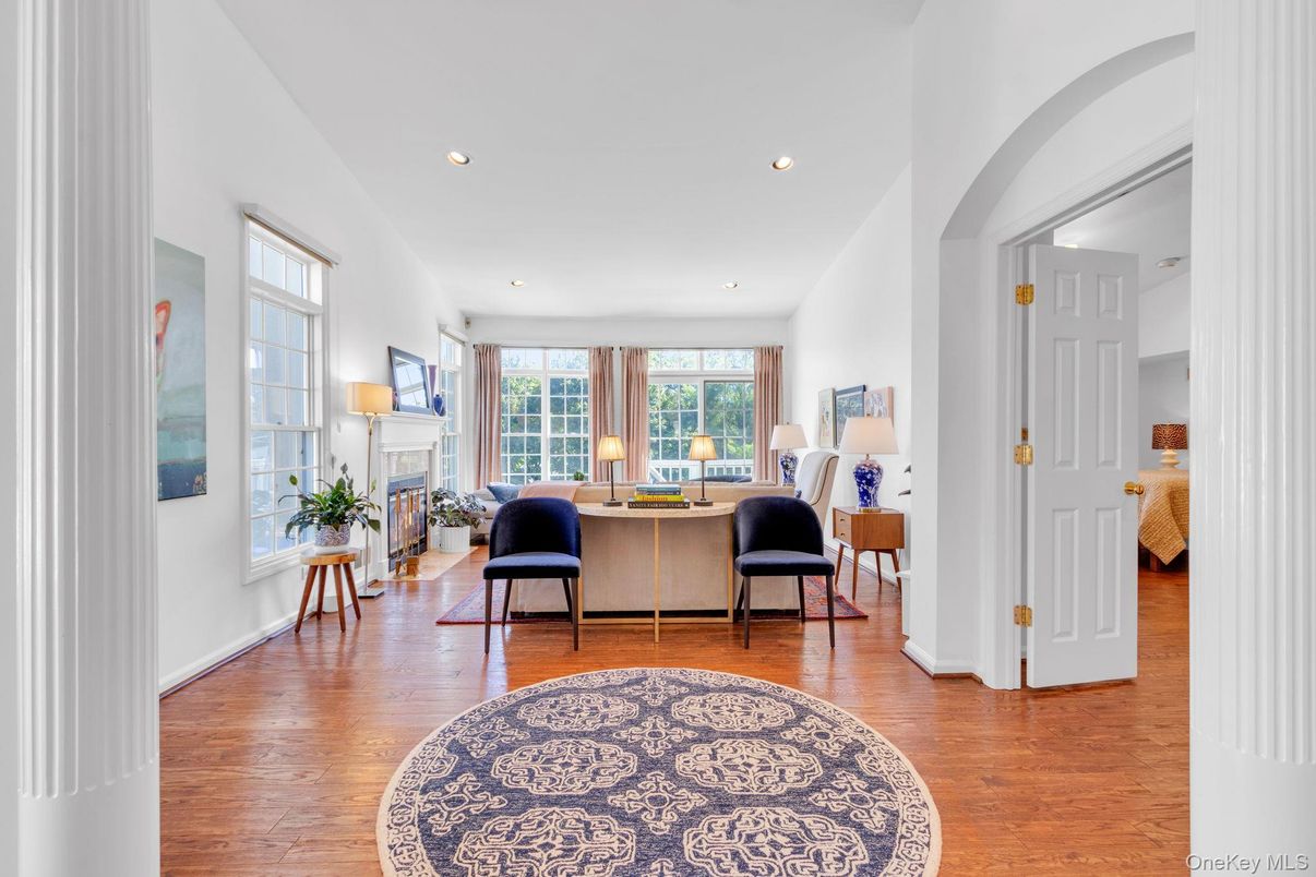 Fireplace, Interior, Living room, Recessed Lighting, Wood Texture Flooring