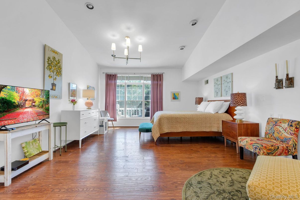 Bedroom, Chandelier, Interior, Recessed Lighting, Wood Texture Flooring