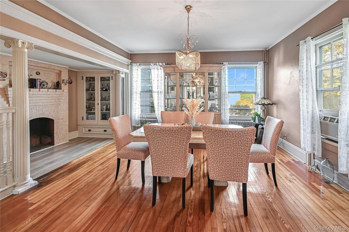 Dining room, Fireplace, Interior, Pendant Lights, Wood Texture Flooring