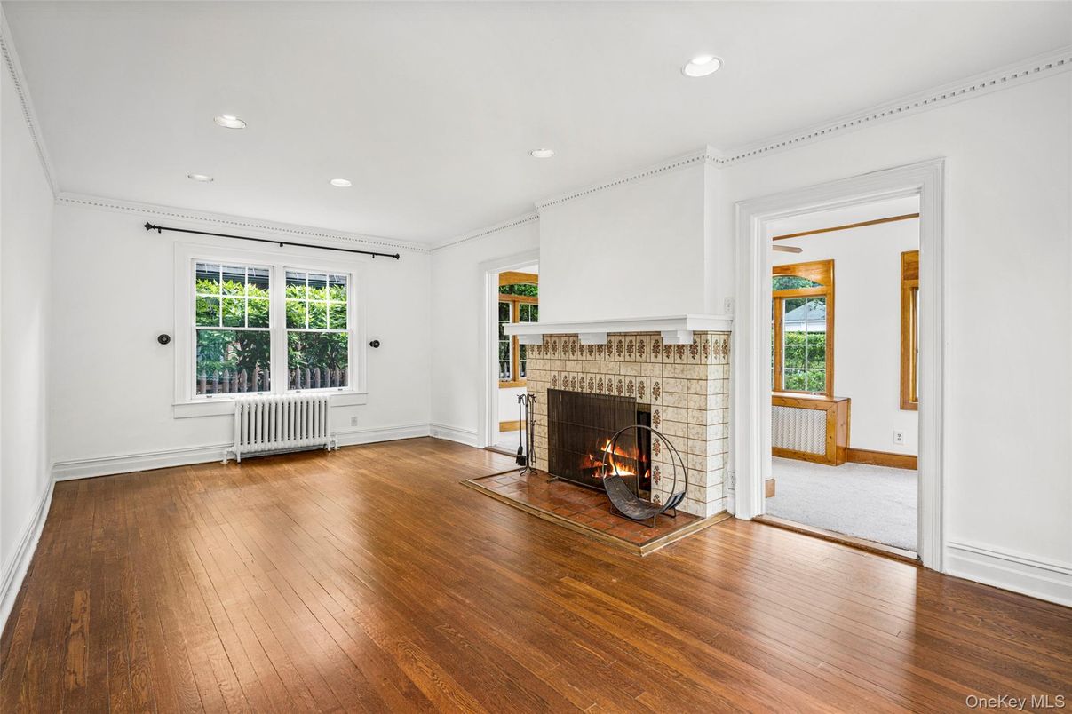 Empty room, Fireplace, Interior, Recessed Lighting, Wood Texture Flooring