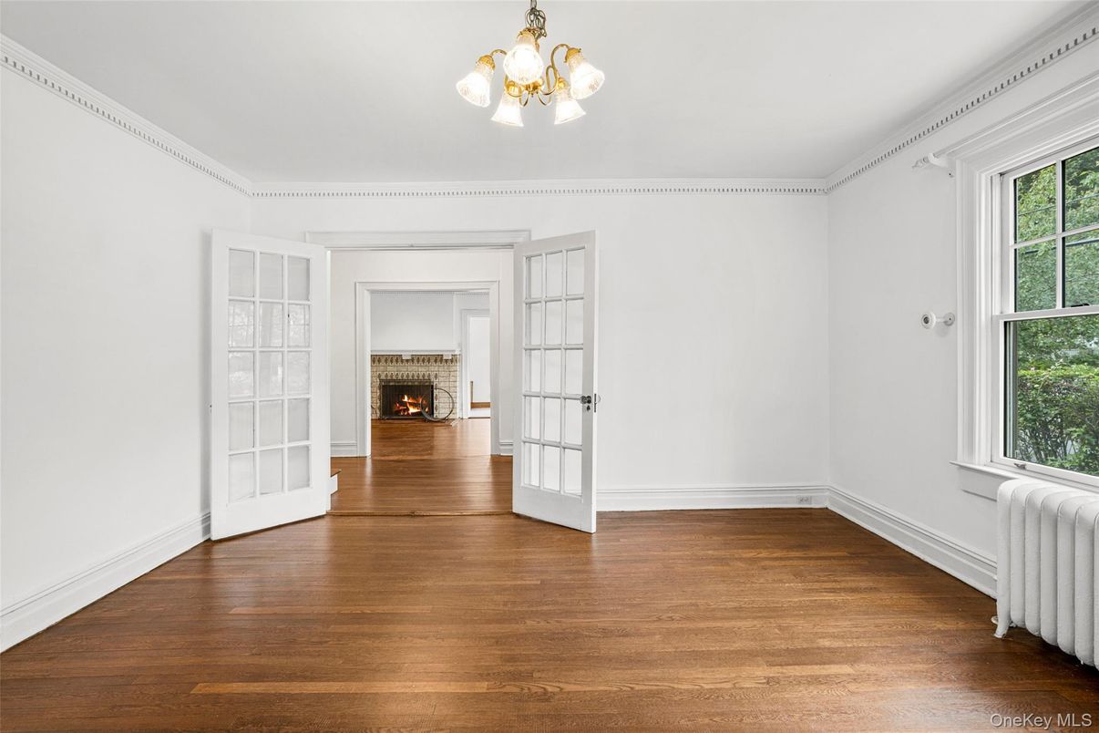 Chandelier, Empty room, Fireplace, Interior, Wood Texture Flooring