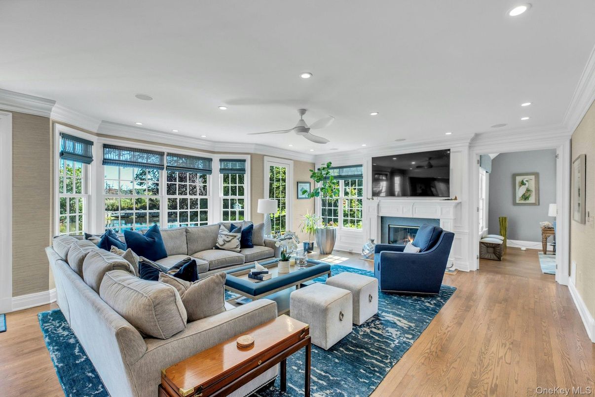 Fireplace, Interior, Living room, Recessed Lighting, Wood Texture Flooring
