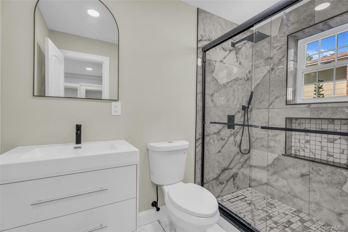 Bathroom, Glass Shower, Interior, Marble Walls, Recessed Lighting