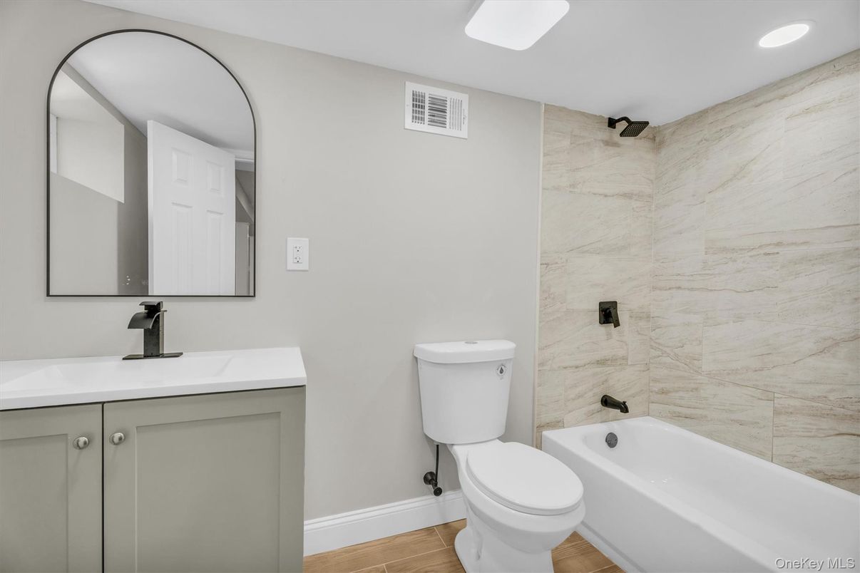 Bathroom, Interior, Marble Walls, Recessed Lighting, Wood Texture Flooring