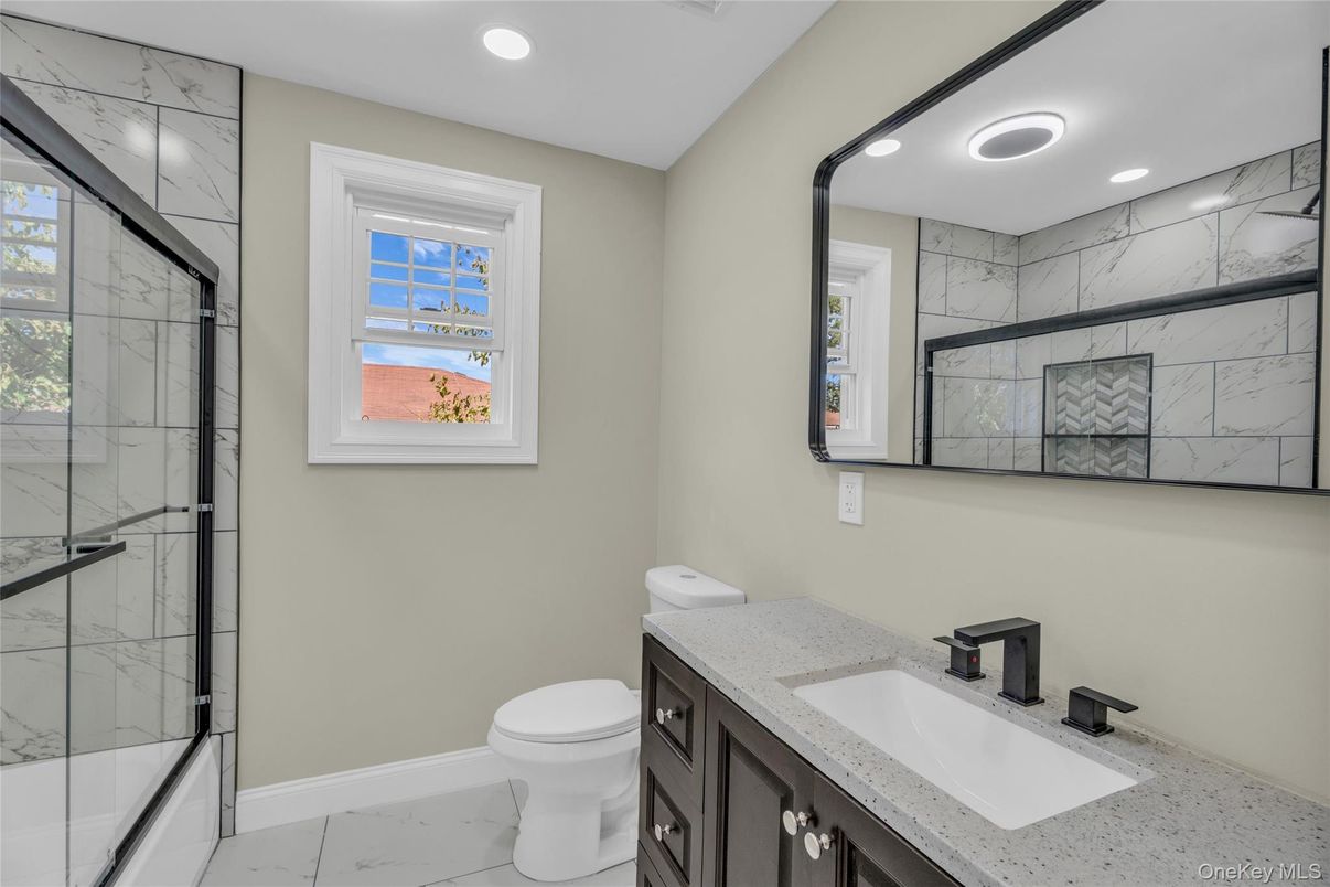 Bathroom, Glass Shower, Interior, Marble, Marble Walls, Recessed Lighting