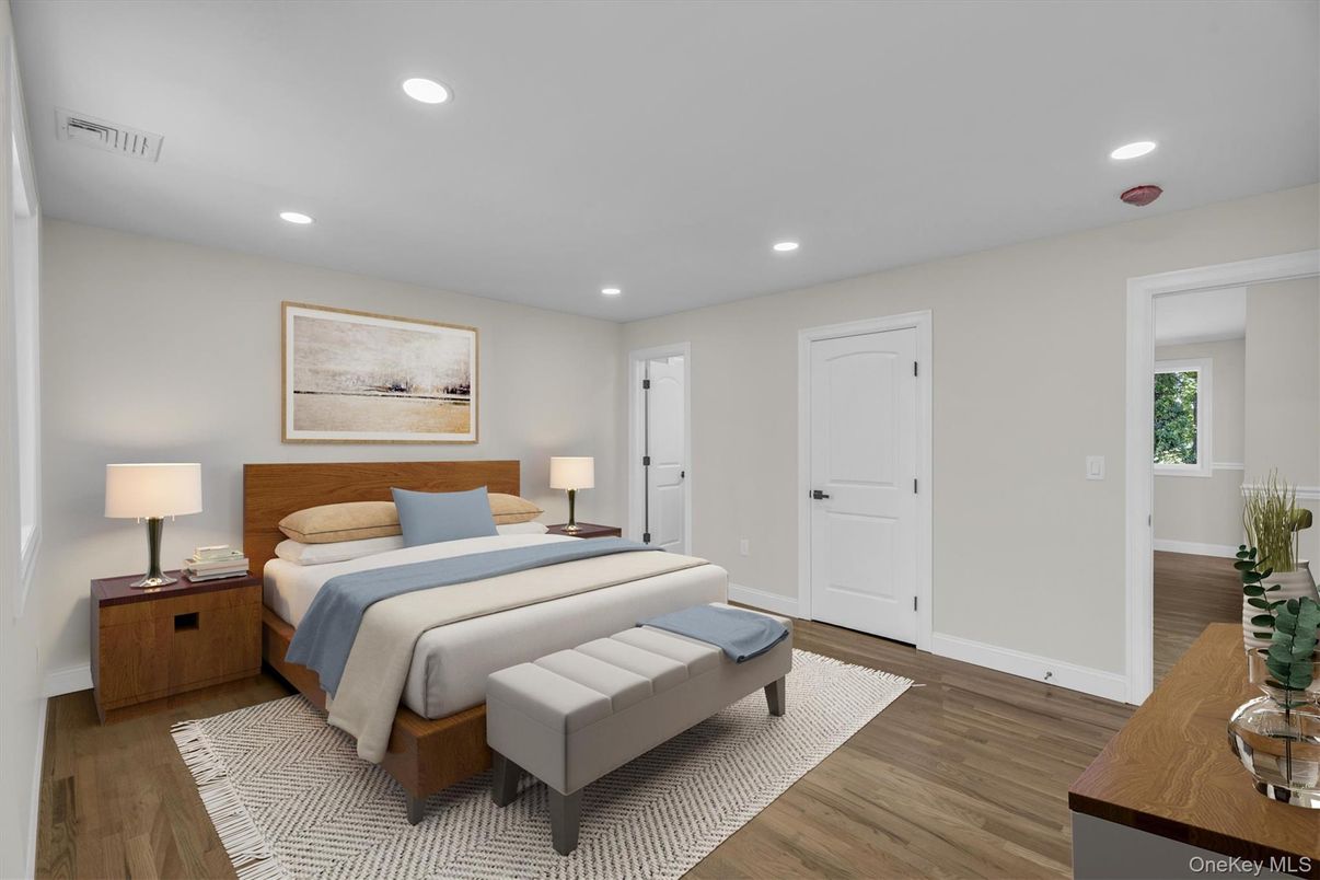 Bedroom, Interior, Recessed Lighting, Wood Texture Flooring