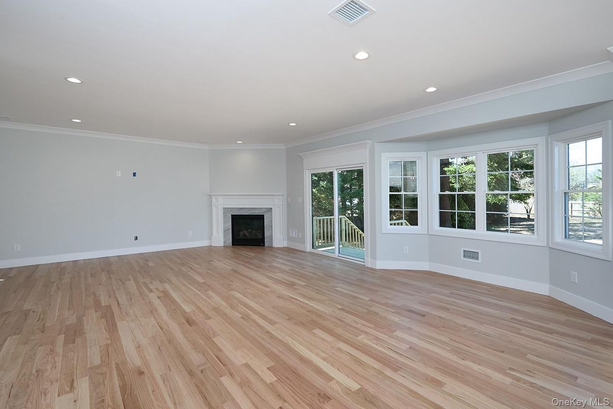 Empty room, Fireplace, Interior, Recessed Lighting, Wood Texture Flooring