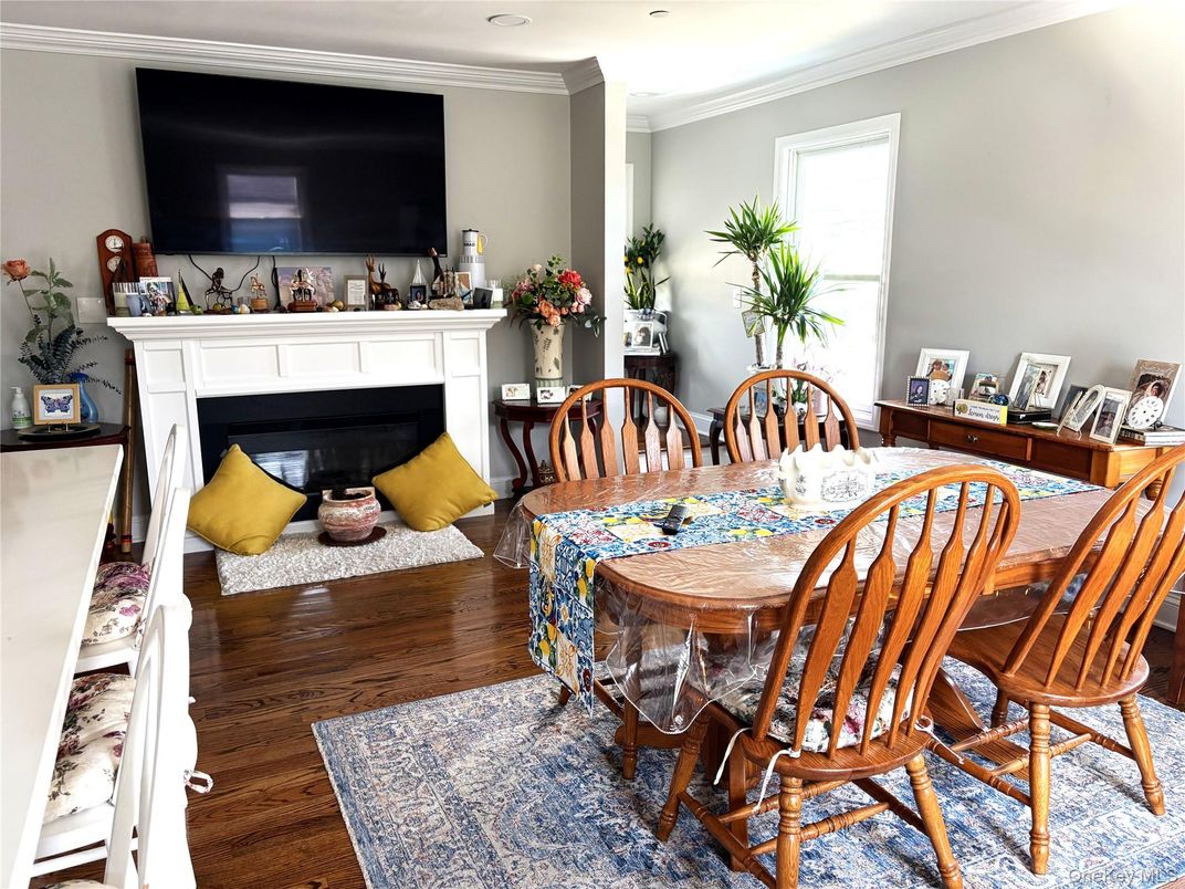 Dining room, Fireplace, Interior, Wood Texture Flooring