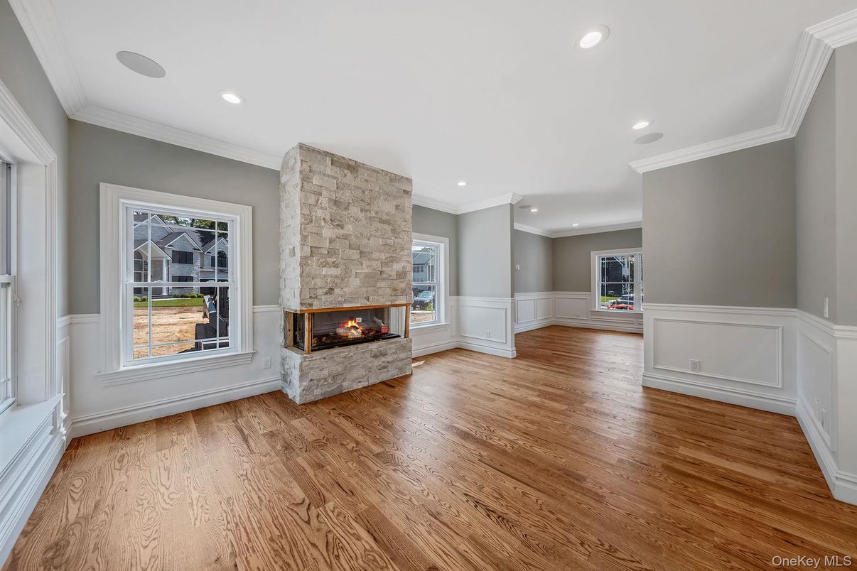 Empty room, Fireplace, Interior, Recessed Lighting, Wood Texture Flooring