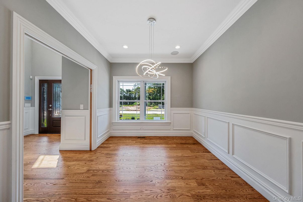 Empty room, Interior, Pendant Lights, Recessed Lighting, Wood Texture Flooring