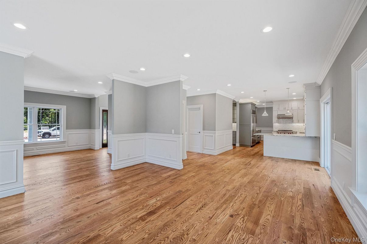 Empty room, Interior, Kitchen, Pendant Lights, Recessed Lighting, Wood Texture Flooring