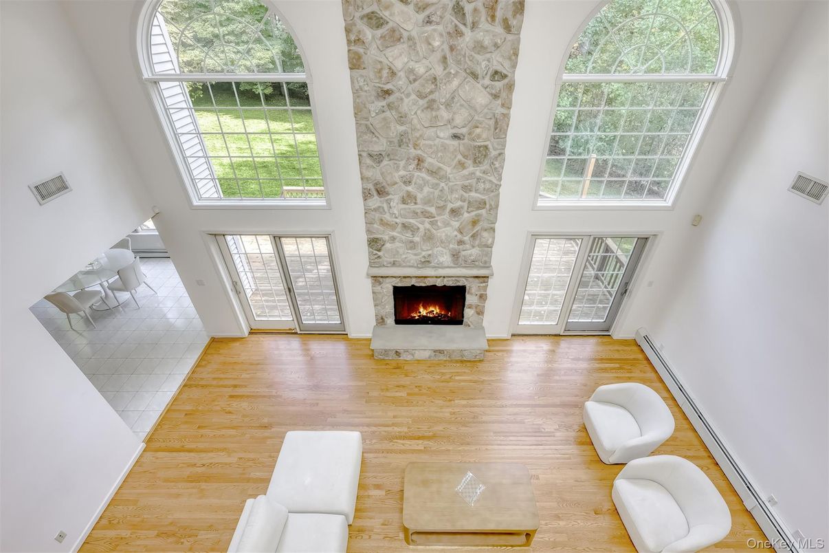 Fireplace, Interior, Living room, Stone Walls, Wood Texture Flooring