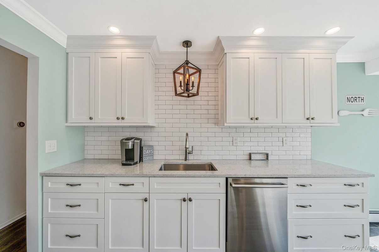Interior, Kitchen, Pendant Lights, Recessed Lighting, Stainless Steel Appliances, Stone Walls