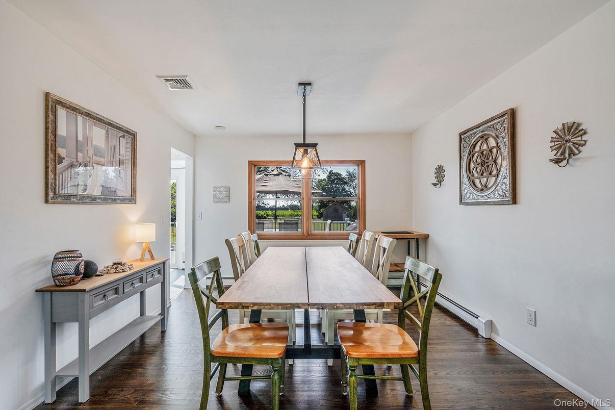 Dining room, Interior, Pendant Lights, Wood Texture Flooring