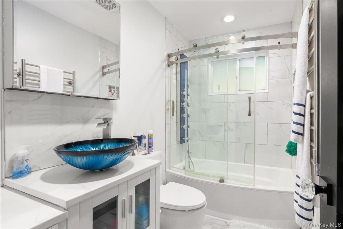 Bathroom, Glass Shower, Interior, Marble Walls, Recessed Lighting
