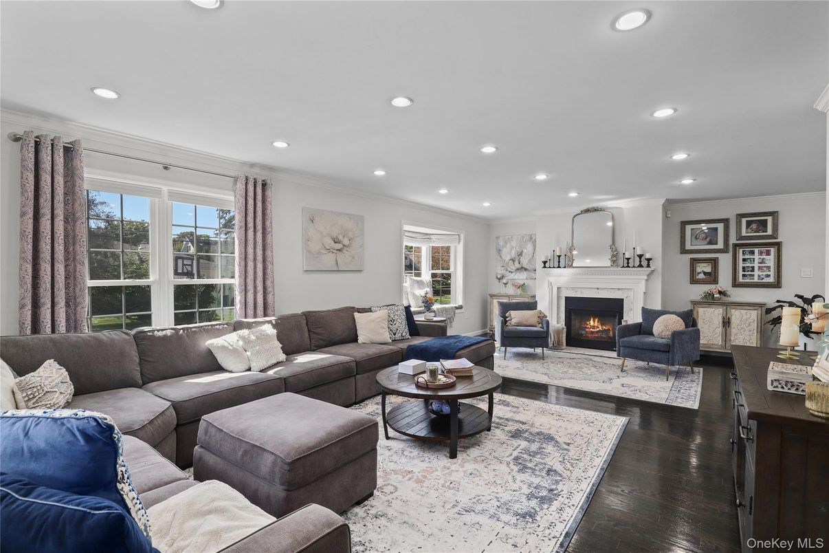 Fireplace, Interior, Living room, Recessed Lighting, Wood Texture Flooring
