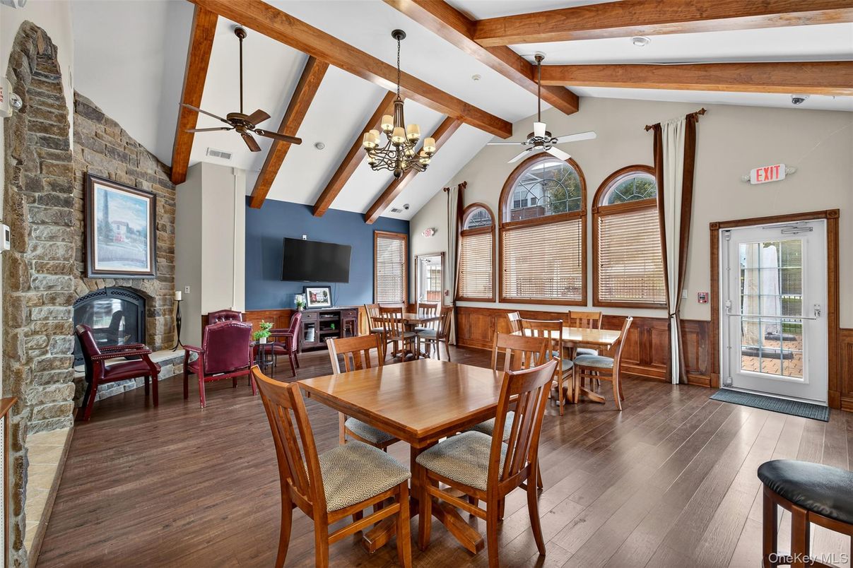 Chandelier, Dining room, Interior, Living room, Stone Walls, Wooden Beams, Wood Texture Flooring