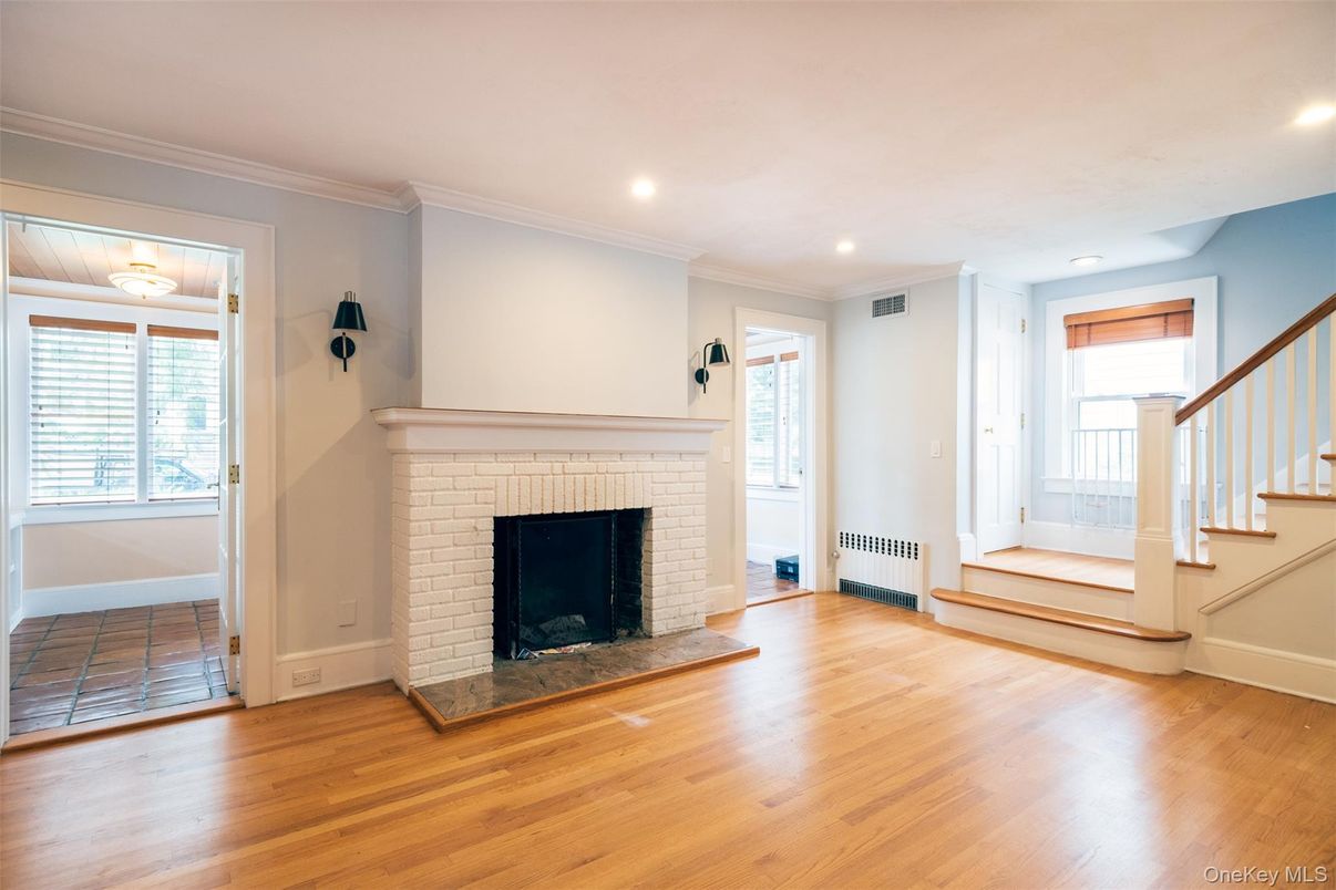 Empty room, Fireplace, Interior, Recessed Lighting, Wood Texture Flooring