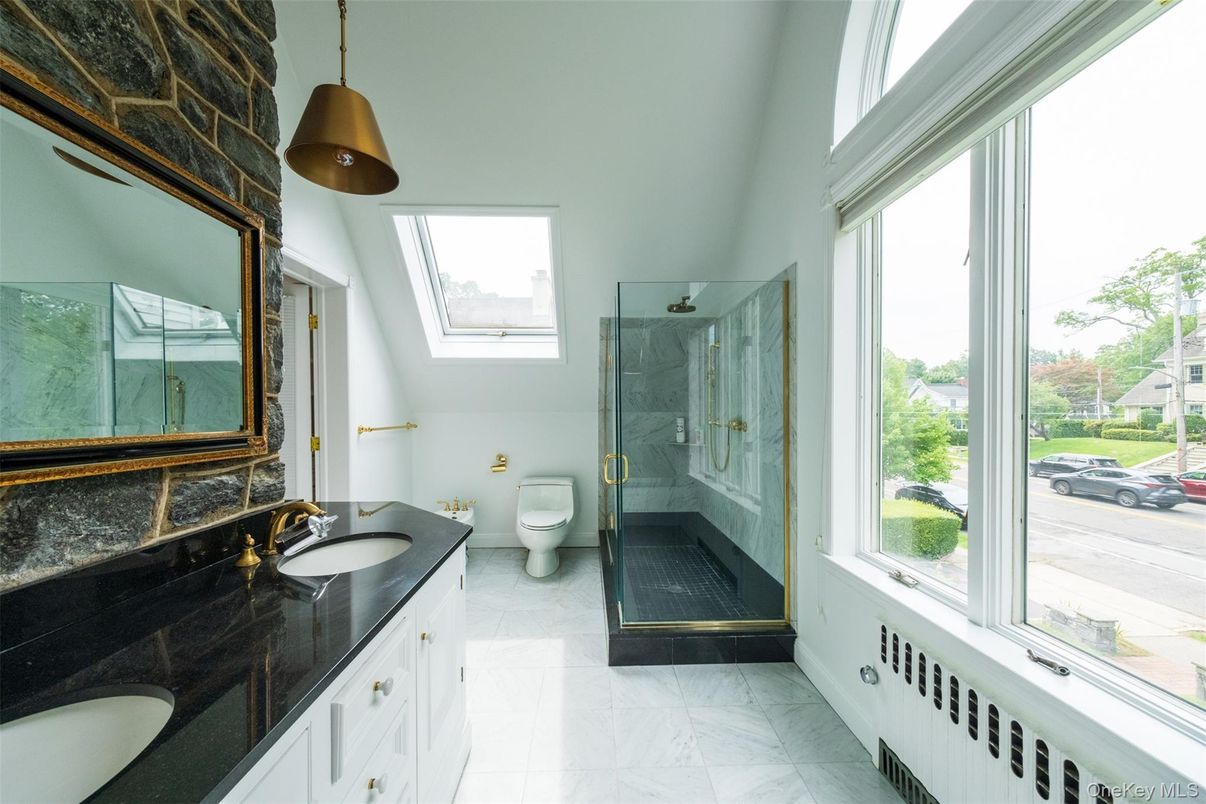 Bathroom, Dual Sink Vanities, Glass Shower, Interior, Marble, Pendant Lights