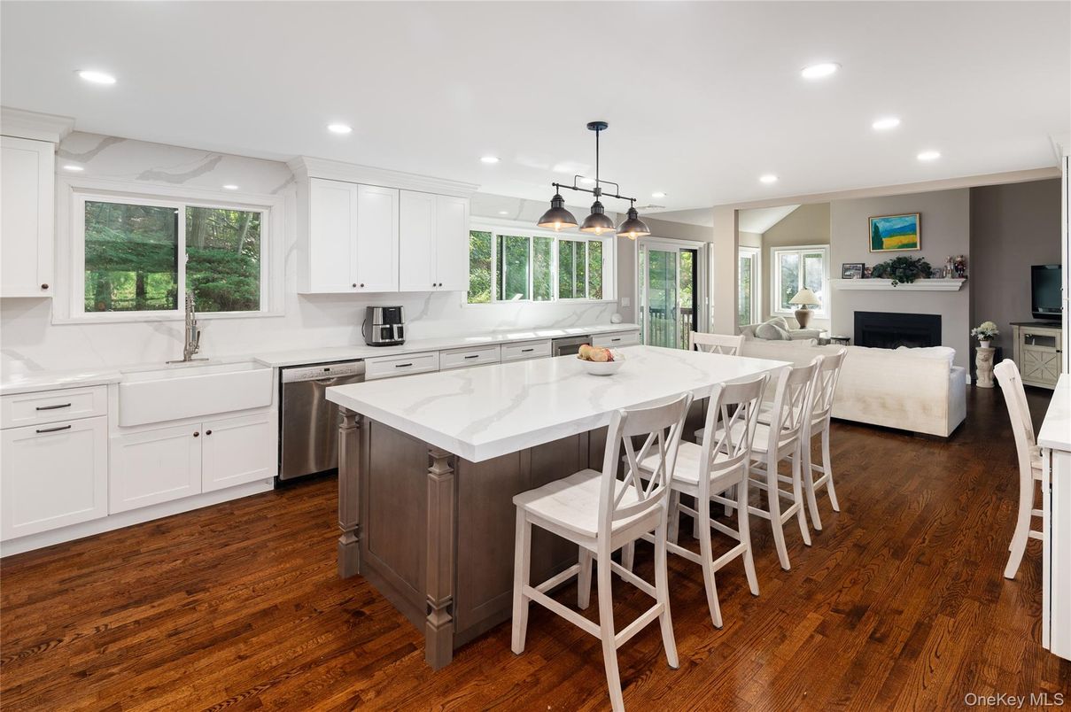 Fireplace, Interior, Kitchen, Pendant Lights, Recessed Lighting, Stainless Steel Appliances, Wood Texture Flooring