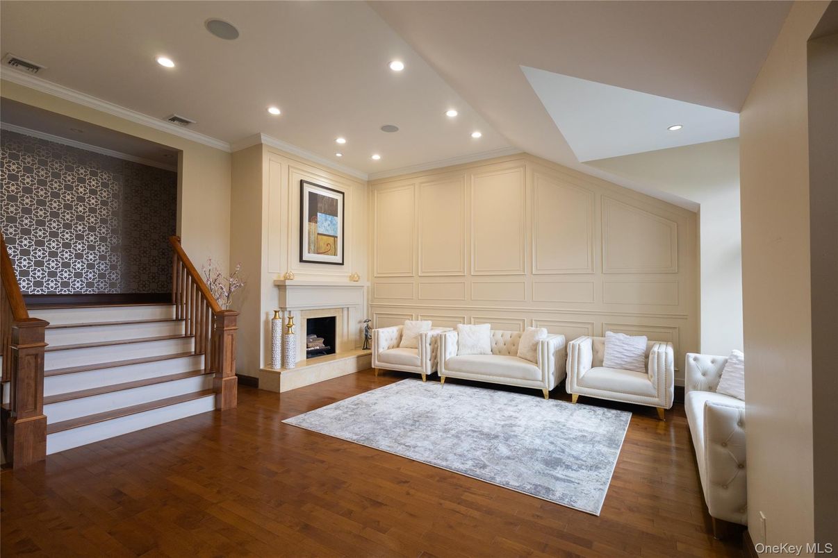 Fireplace, Interior, Living room, Recessed Lighting, Wood Texture Flooring