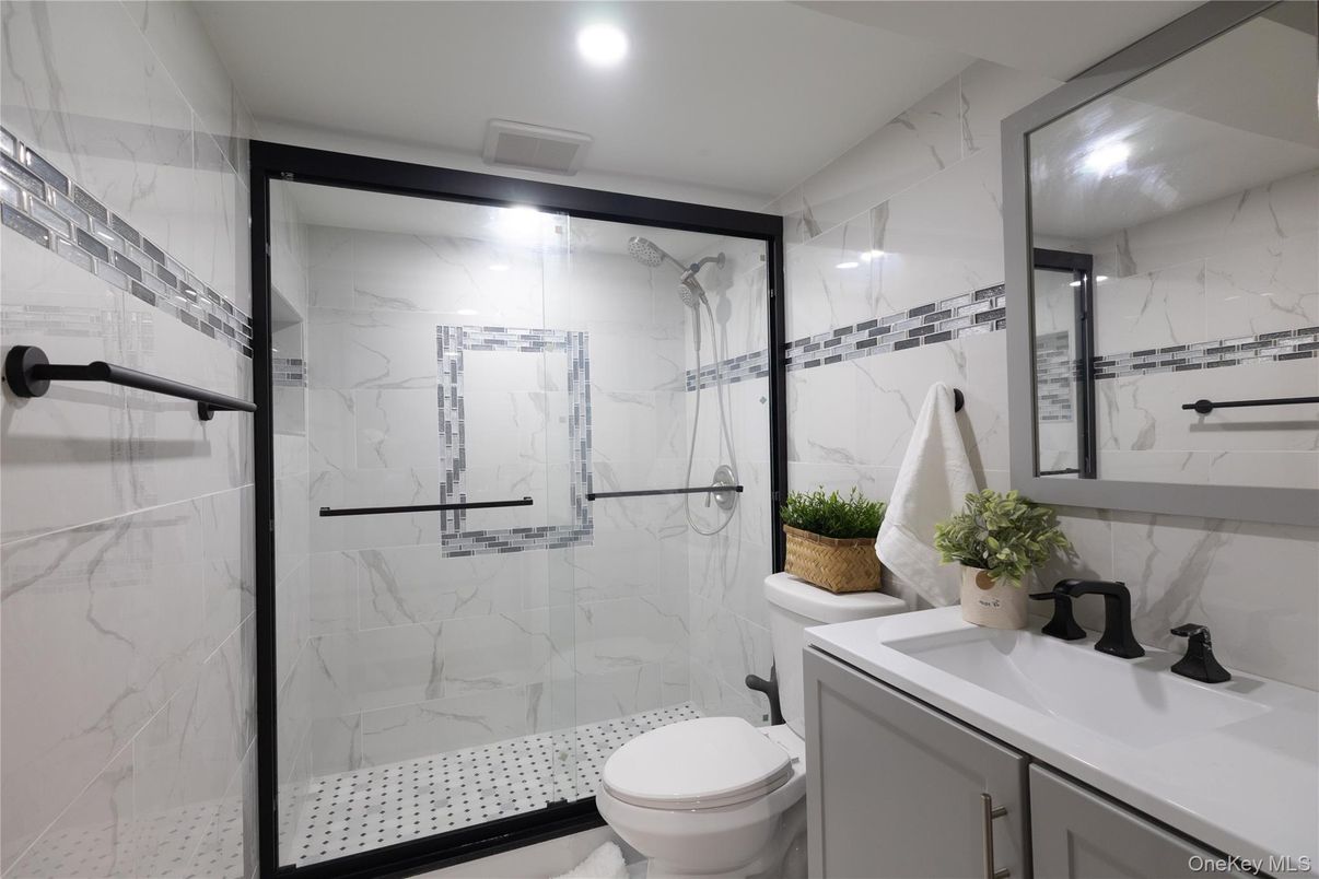 Bathroom, Glass Shower, Interior, Marble Walls, Recessed Lighting
